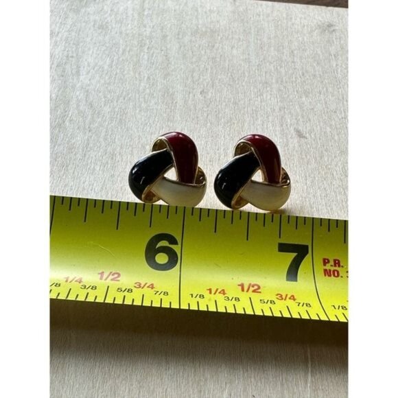 Vintage Red Black & White Enamel Knot Clip-On Earrings Gold-Tone Finish - Picture 2 of 15